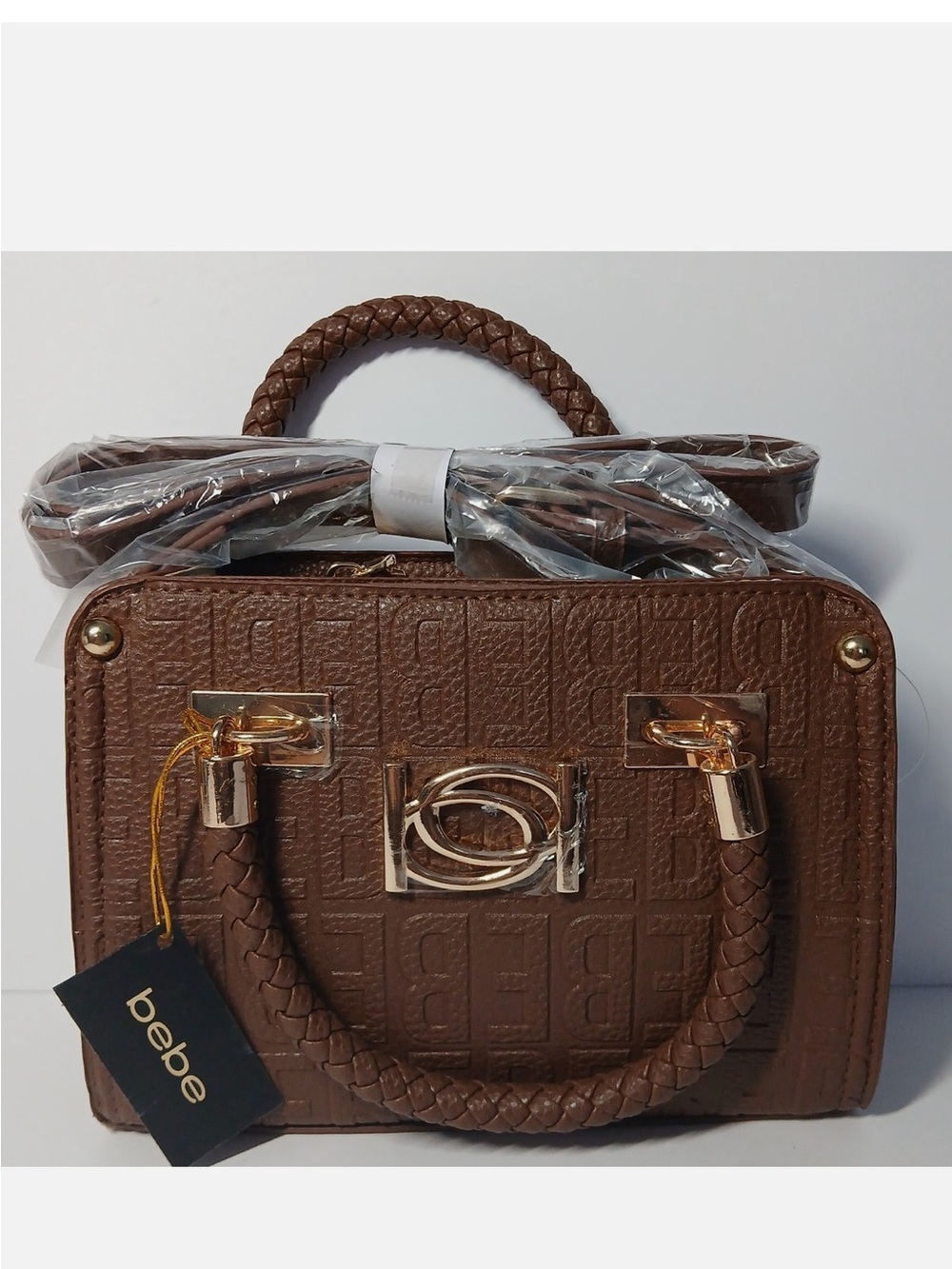 bebe Brown Structured Satchel with Gold Hardware
